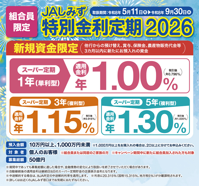 定期貯金キャンペーン「JAしみず特別金利定期2026」のお知らせ